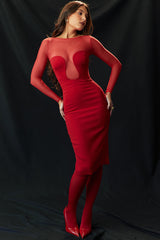 Mesh Patchwork Long Sleeve Irregular Corset Bodycon Midi Dresses-Red