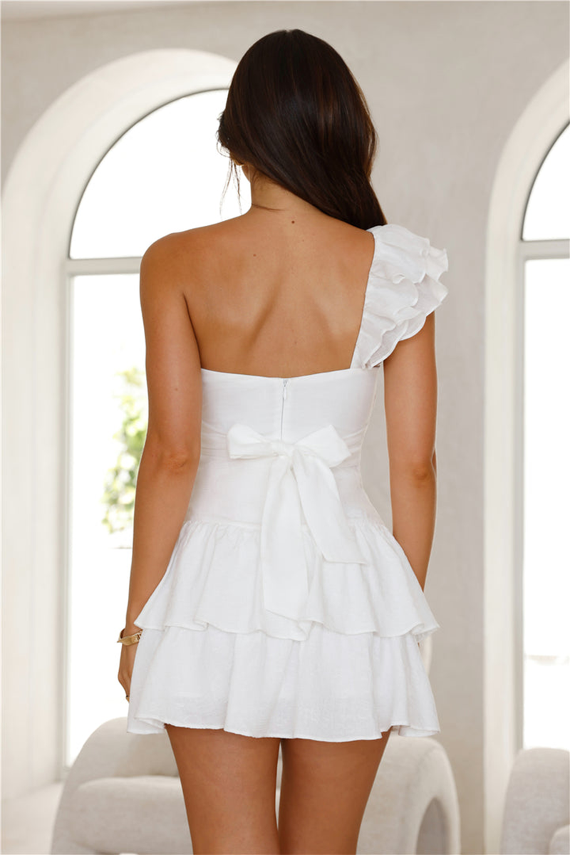 Ruffled One Shoulder Strap Cutout Tiered Hem Mini Dresses-White