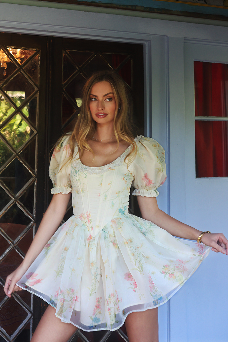 Puff Sleeve Corset Floral Mesh Layered Curved Mini Dresses-Beige