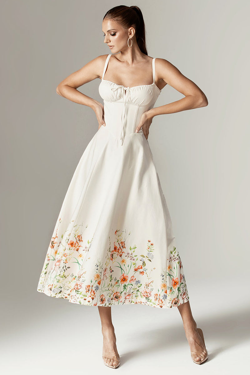 Floral Print Gathered Bust Corset A-Line Midi Slip Dresses-White