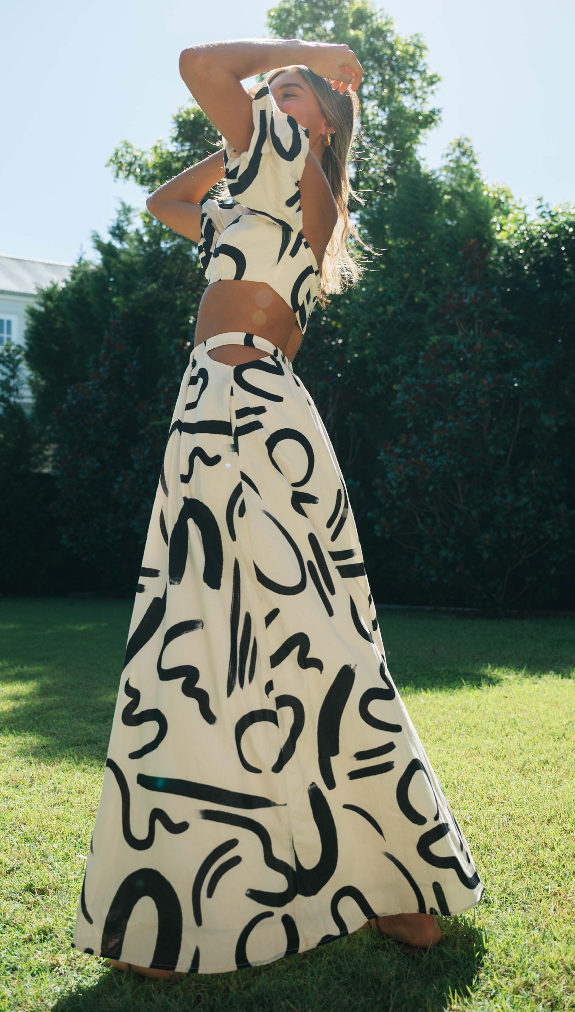 Doodle Printed Off-shoulder Maxi Dress Matching Set