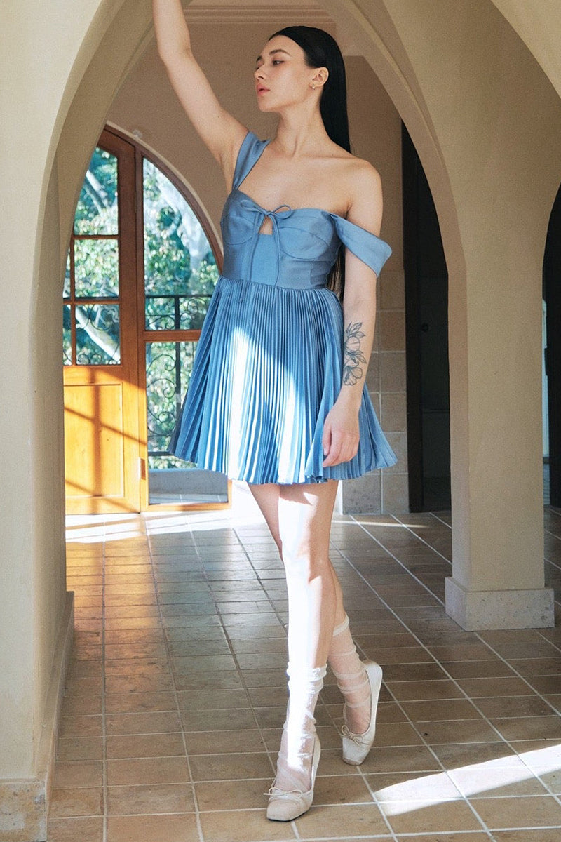 Tied Up Pleated Sweetheart Neck A-Line Mini Cami Dresses-Blue Pre Order