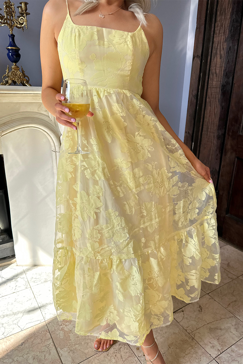 Boat Neck Floral Pattern Backless A-Line Midi Slip Dresses-Yellow