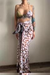 Animal Print Halter Tie Up Maxi Skirt Bikini Three-Piece Set-Green
