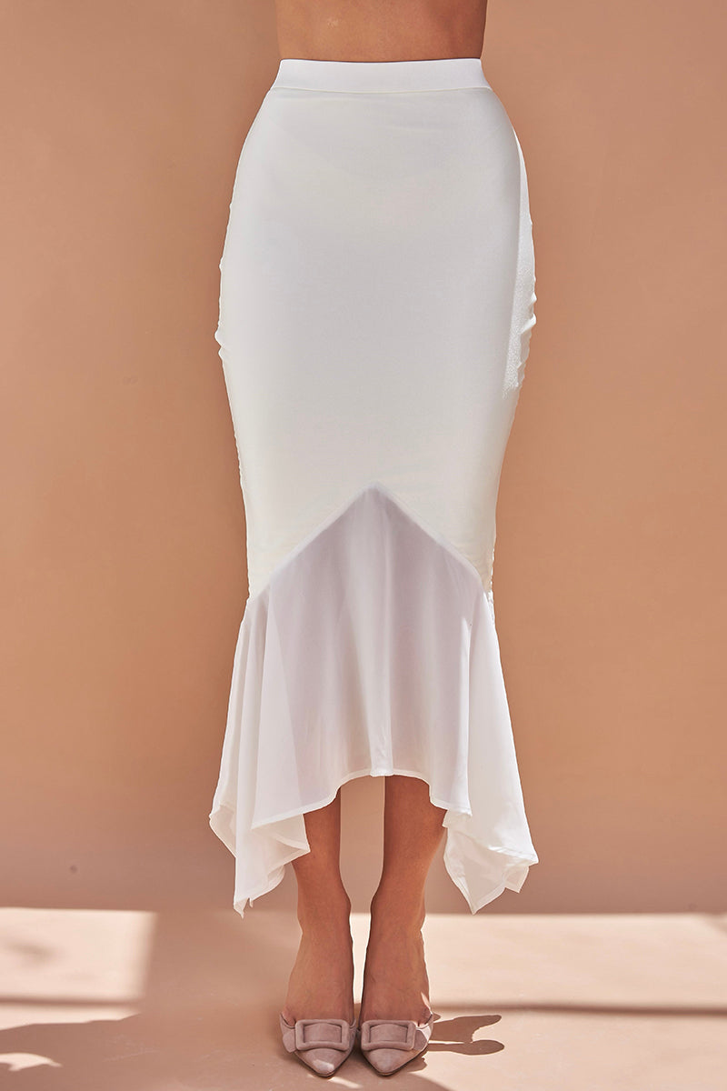 V Neck Ruffle Flare Sleeve Top Fishtail Midi Skirt 2pcs Set-White