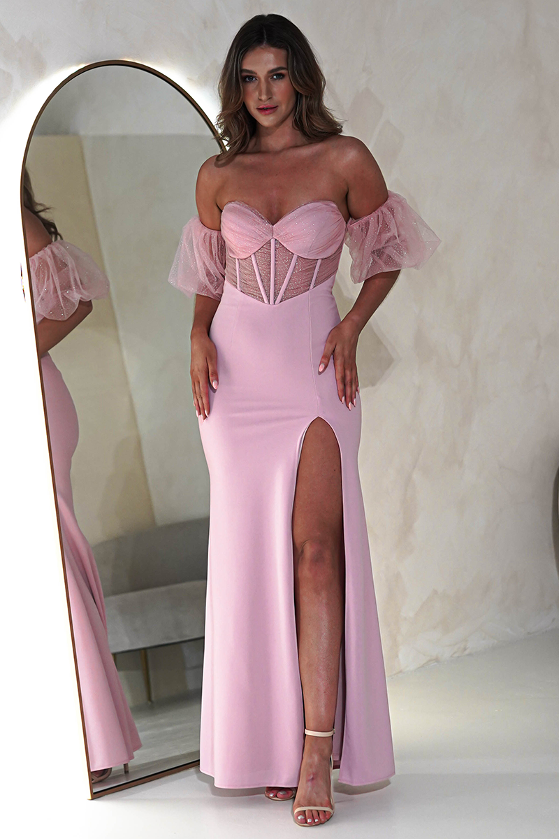 Tulle Patchwork Puff Sleeve Corset High Slit Maxi Dresses-Pink
