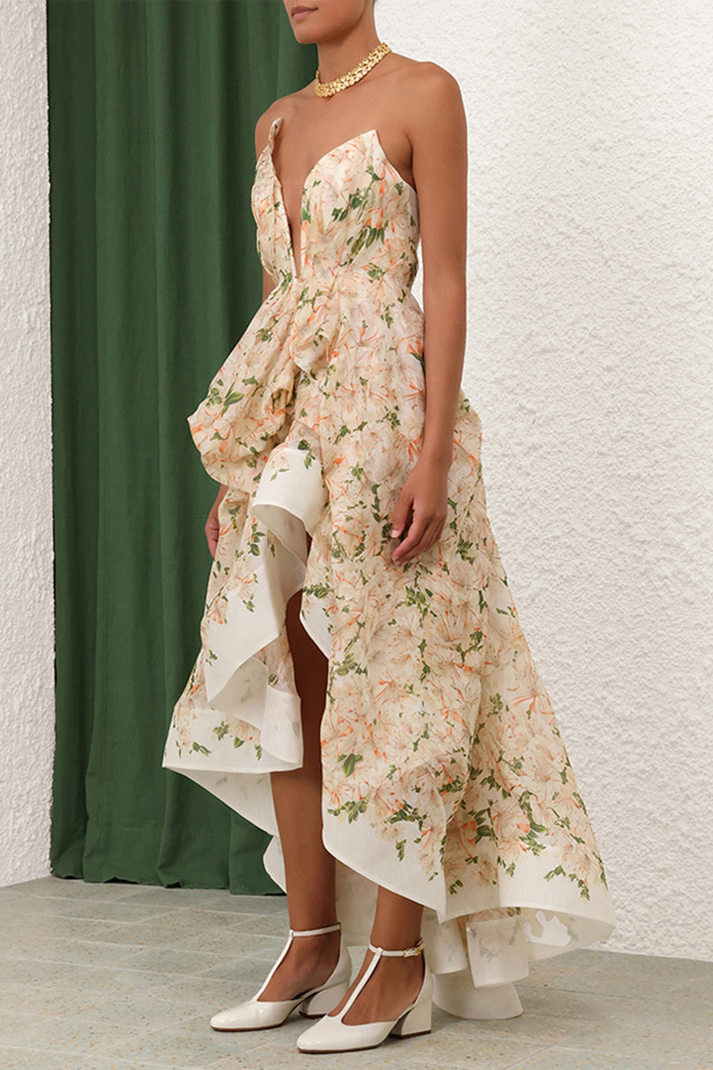 Floral Print Strapless A-Line High-Low Hem Maxi Dresses-Beige Pre Order