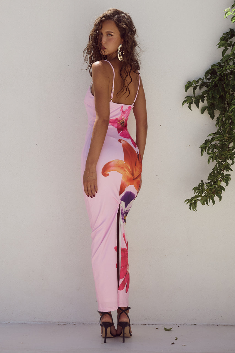 Floral Print Boat Neckline Slim Fit Maxi Strappy Dresses-Pink