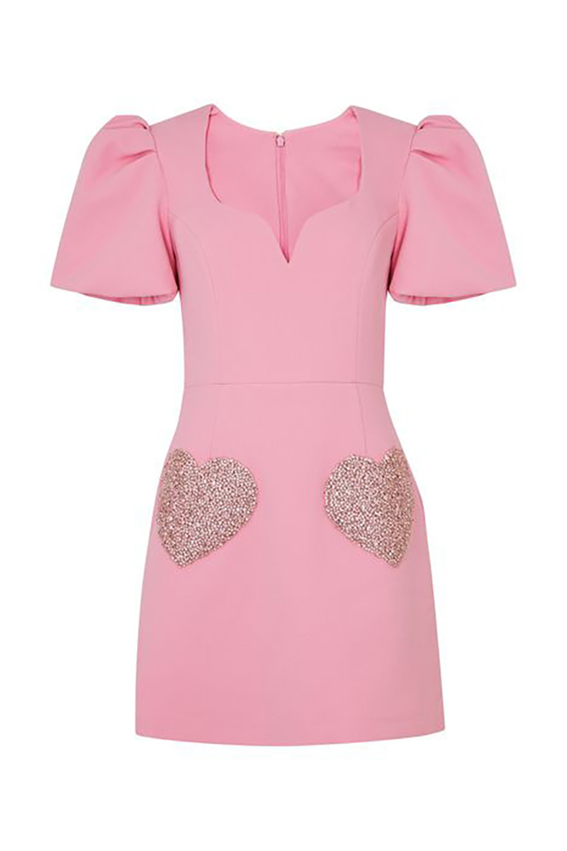 Irregular Neck Puff Sleeve Sequin Heart Pattern Slim Fit Mini Dresses-Pink