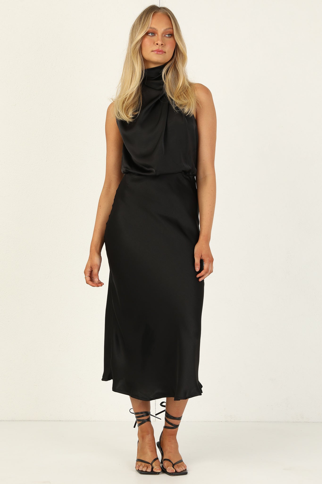 Turtleneck Sleeveless Satin Midi Dresses