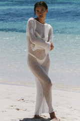 Long Sleeve Backless Slim Fit Knit See Through Cover Ups Vacation Maxi Dresses-White