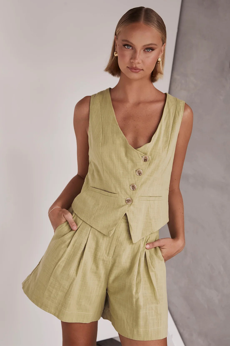 V Neck Button Up Vest Pocket Shorts Matching Set-White