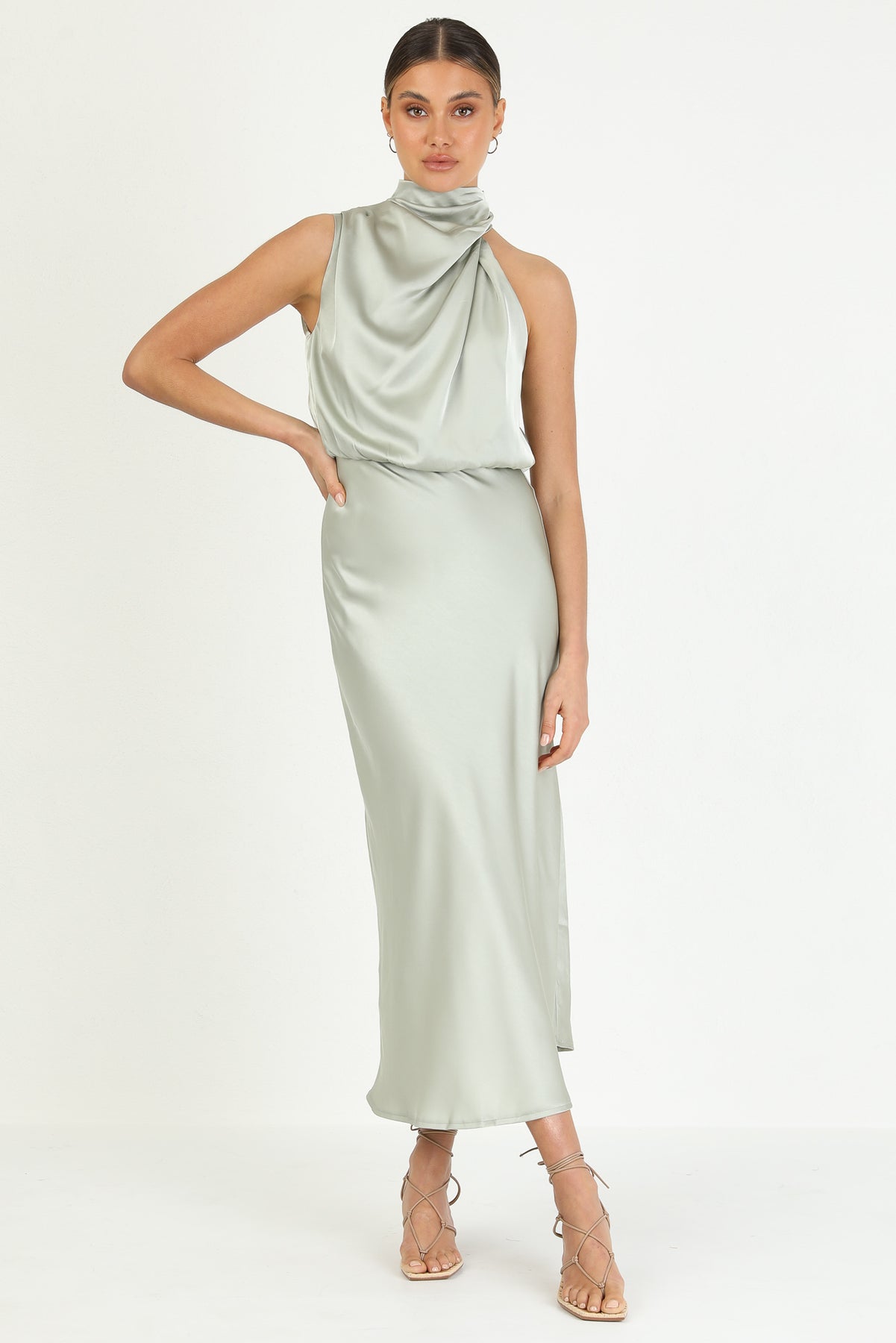 Turtleneck Sleeveless Satin Midi Dresses