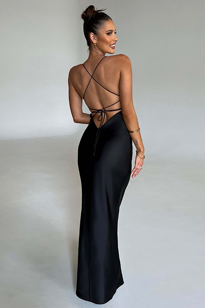 Lace Up Backless Satin Spaghetti Strap Evening Party Maxi Dresses