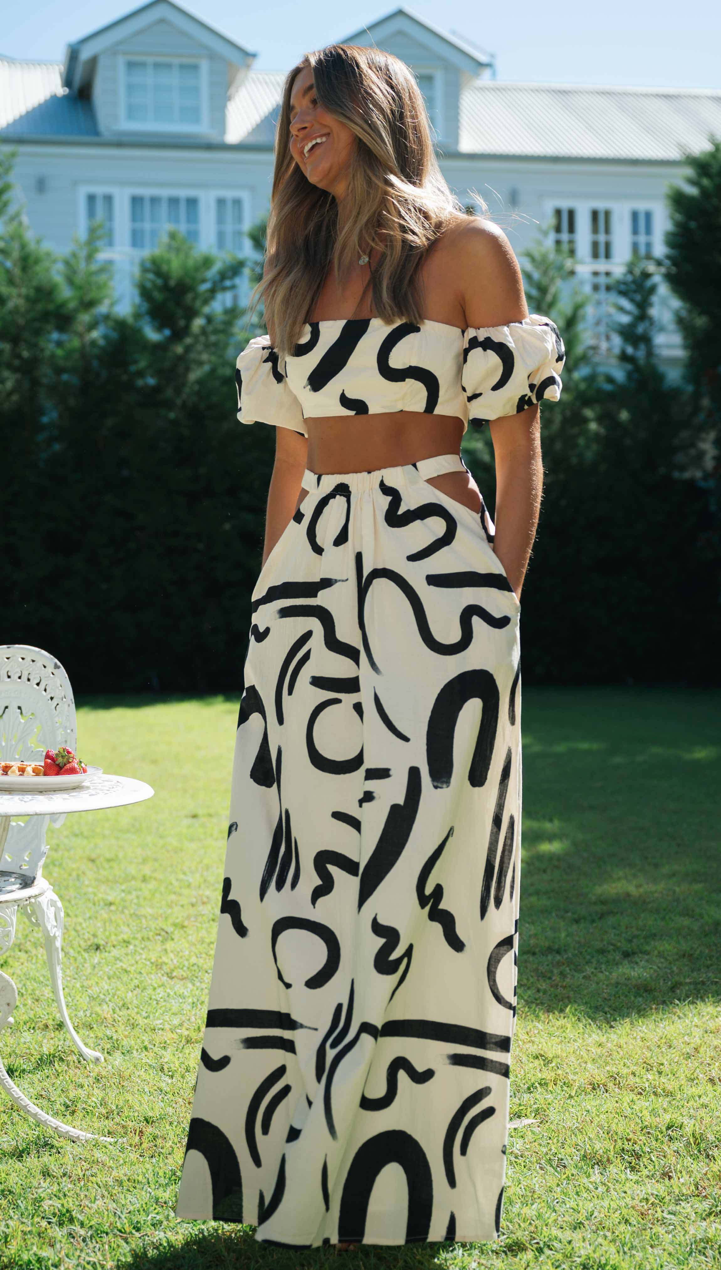 Doodle Printed Off-shoulder Maxi Dress Matching Set