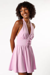 V Neck Halter Backless Bow Pleated Waist A-Line Mini Dresses-Pink Pre Order
