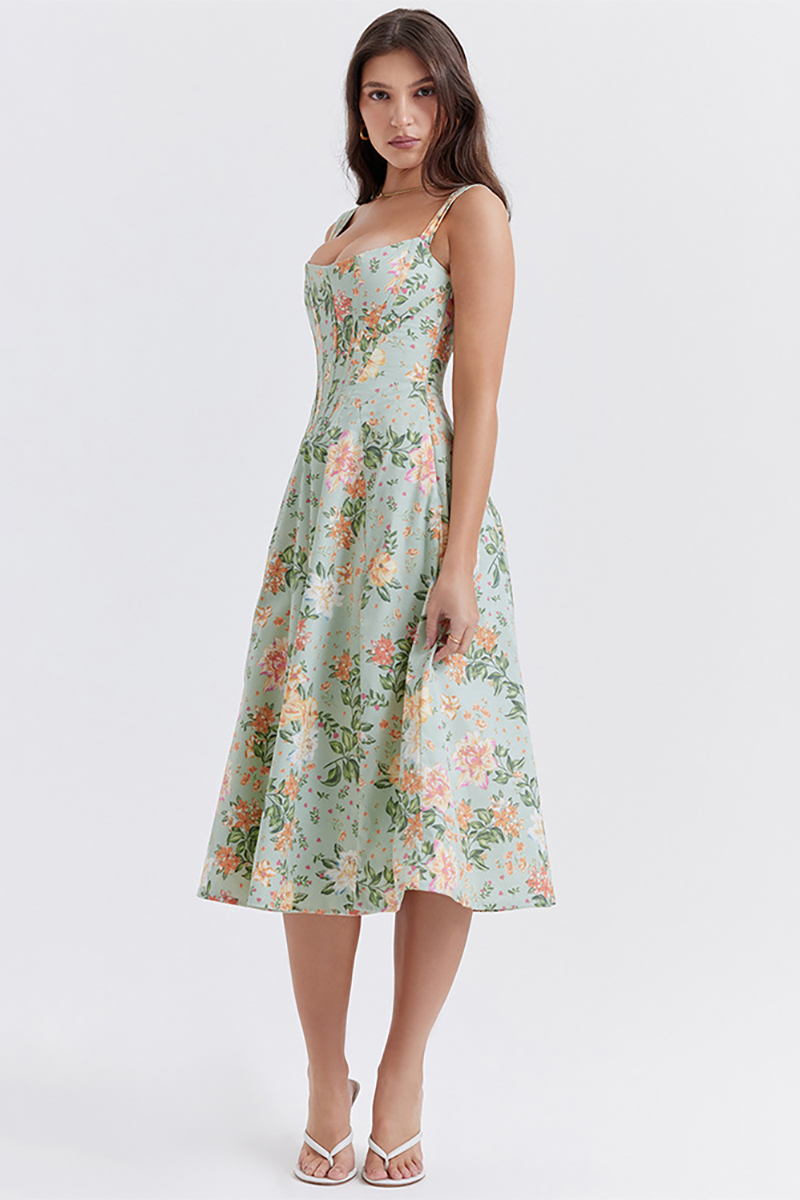 Floral Print Wide Strap Corset A-Line Slit Midi Dresses-White