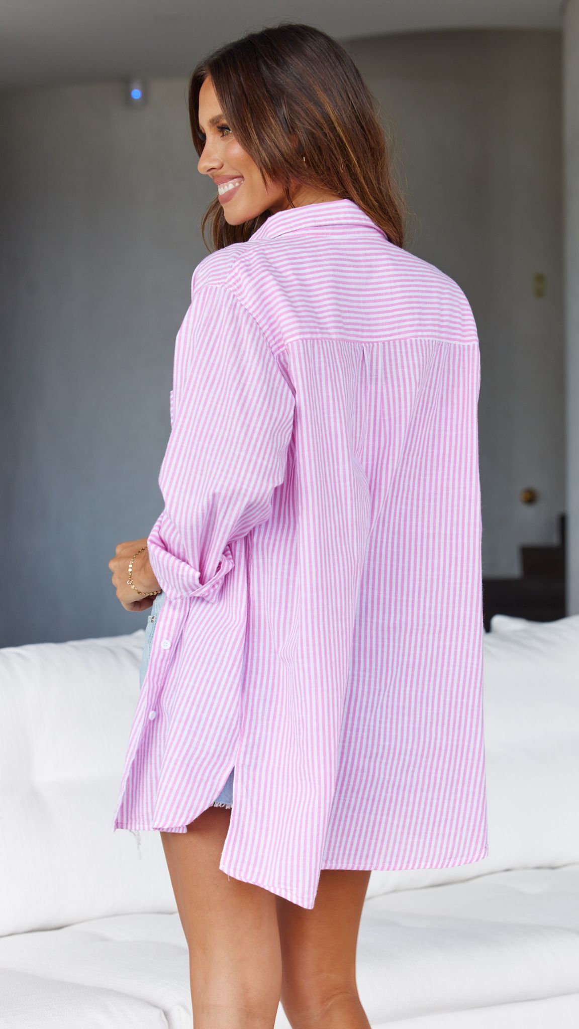 Relaxed Fit Button Up Shirt Set-Pink/Blue Stripe