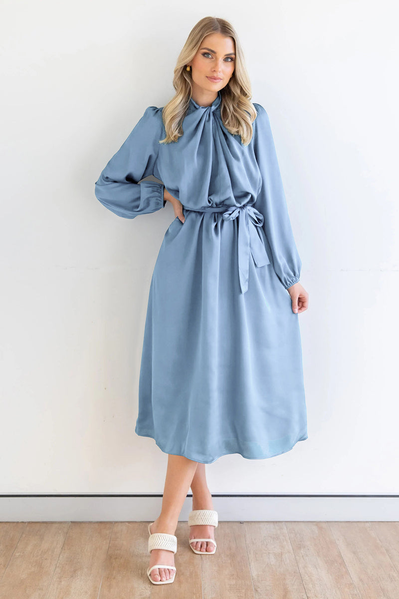 Ruched Knotted Long Sleeve Satin Midi Dresses