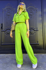 Solid Color Short Sleeve Crop Blouse Straight Leg Pants Matching Set-Beige