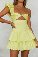One Shoulder Straps Cutout A-Line Layered Flounced Mini Dresses-Yellow
