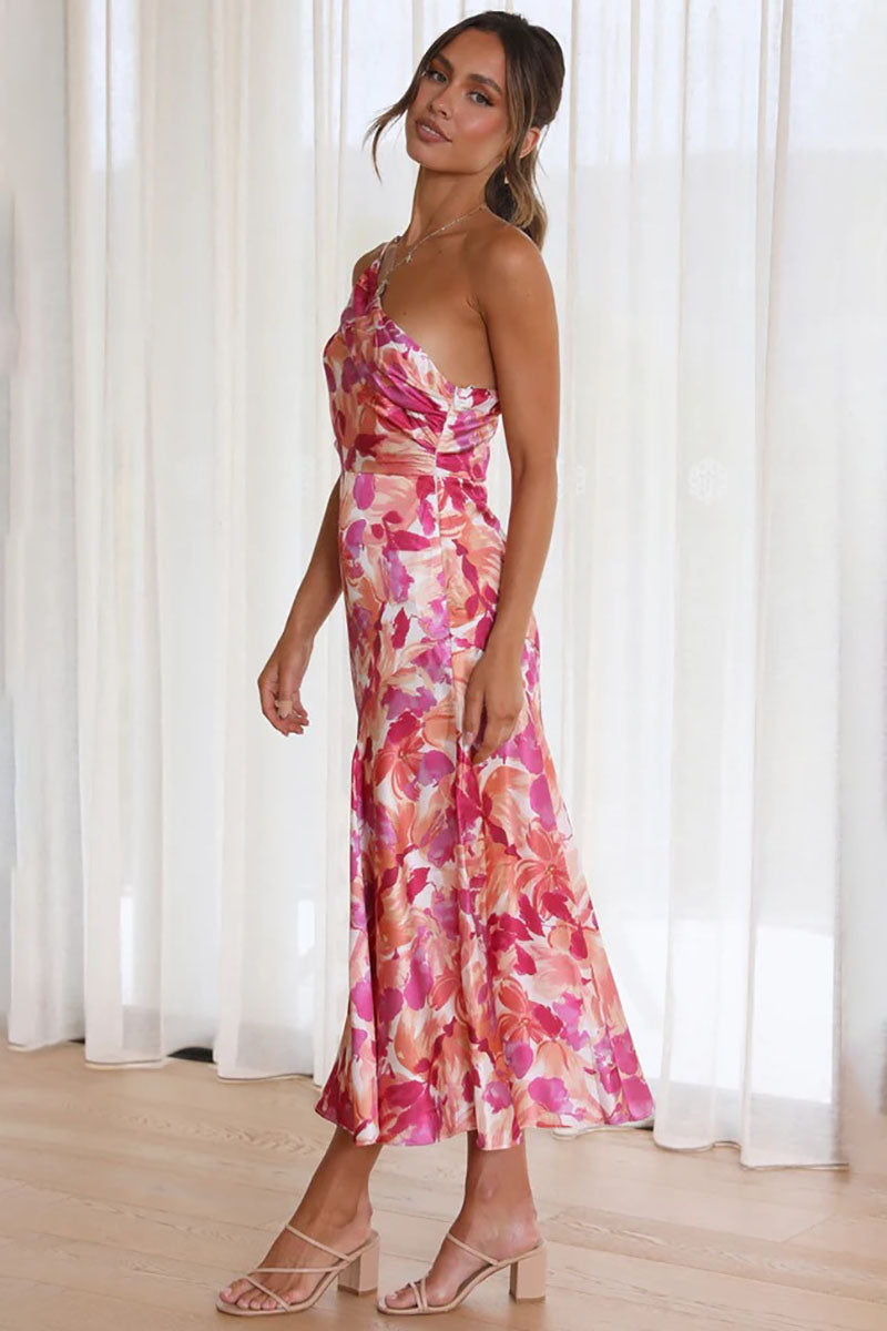 Floral Print One Shoulder Asymmetric Midi Dresses