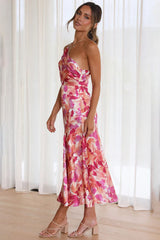Floral Print One Shoulder Asymmetric Midi Dresses