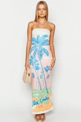 Palm Print Strapless Bodycon Vacation Maxi Dresses-Pink