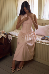 Boat Neck Button Up Cinch Waist Backless Pleated Hem Sleeveless Midi Dresses-Pink