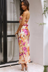 Floral Print Strapless Cut Out Flowy Satin Vacation Maxi Dresses