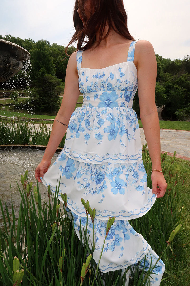 Floral Print Tiered Hem Vacation Sleeveless Maxi Dresses-Blue Pre Order