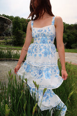 Floral Print Tiered Hem Vacation Sleeveless Maxi Dresses-Blue Pre Order