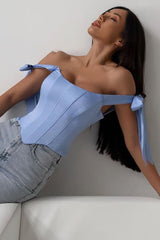 Off Shoulder Ribbon Decor Asymmetric Hem Party Plain Corset Top-Blue