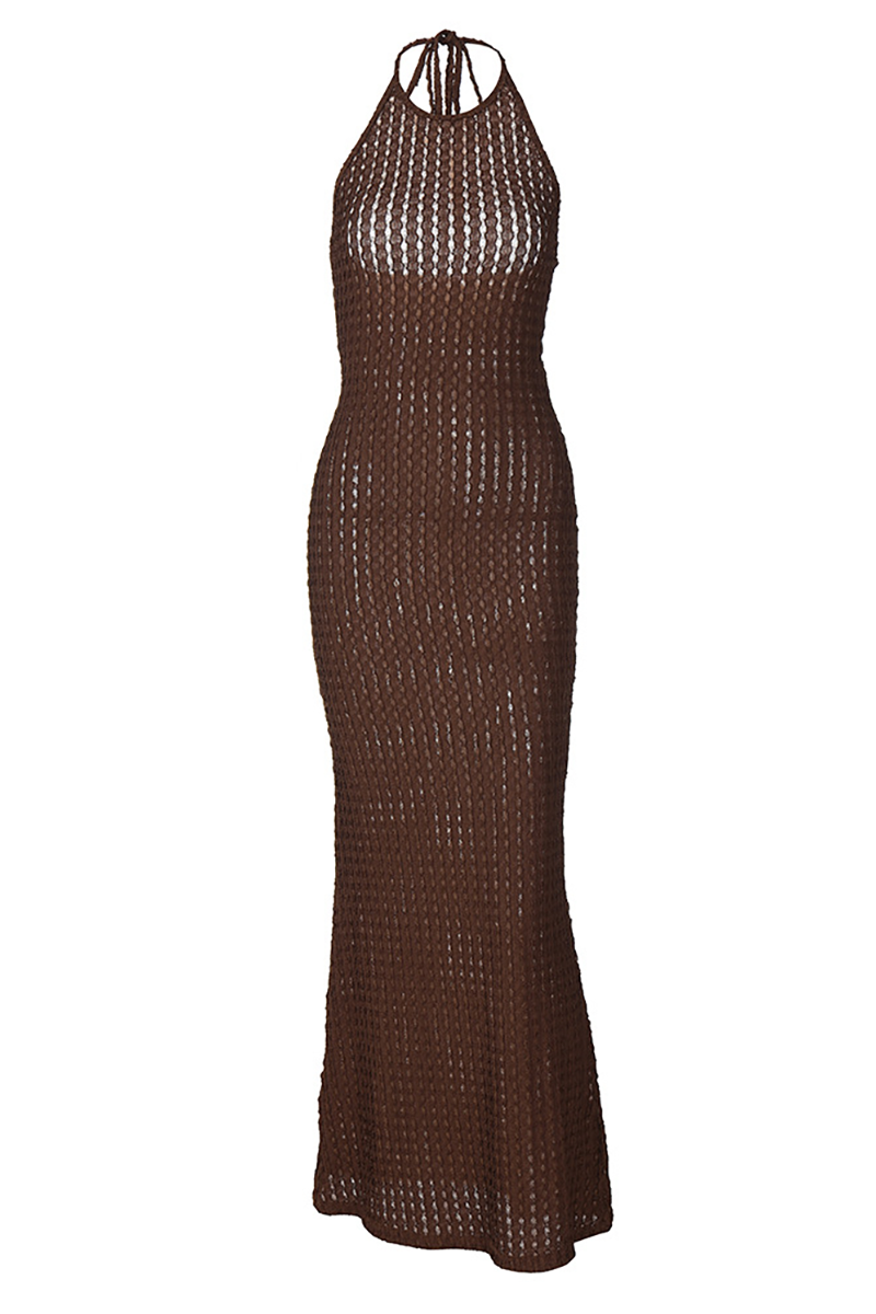 Textured Knit Sleeveless Halter Slim Fit Backless Fishtail Maxi Dresses-Brown