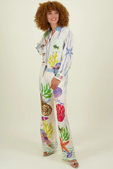 Starfish Seashells Print Long Sleeve Blouse Wide Leg Pants Matching Set-White