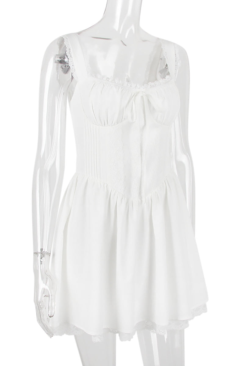 A-line White Boat Neck Tied Up Cami Backless Lace Up Pleated Embroidery Hem Mini Dresses