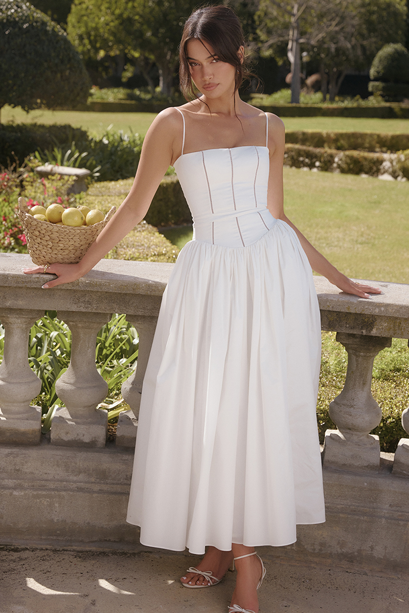 Spaghetti Strap Boat Neck Cinch Waist Pleated Hem Maxi Dresses-White