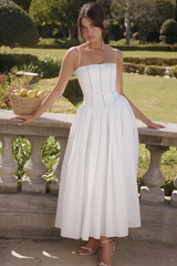 Spaghetti Strap Boat Neck Cinch Waist Pleated Hem Maxi Dresses-White