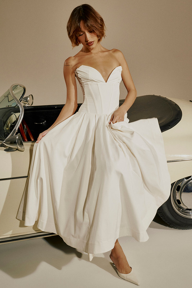 Deep V Neck Strapless Corset A-Line Pleated Midi Dresses-Black