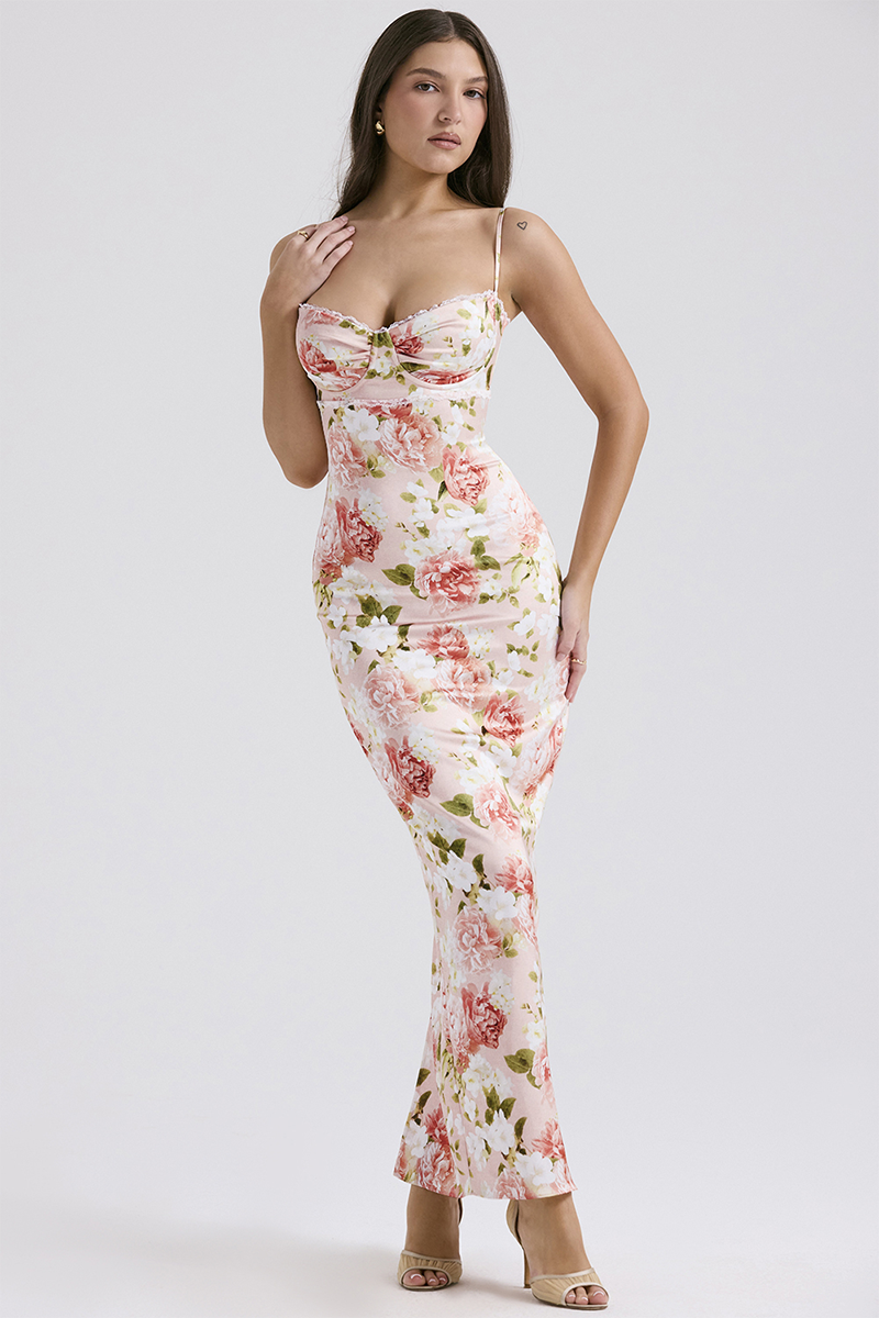 Floral Print Lace Trim Spaghetti Strap Back Slit Hem Slim Fit Maxi Dresses-Pink