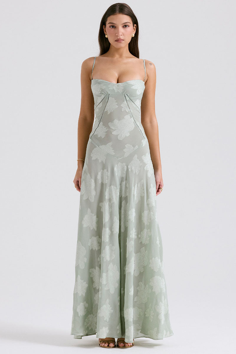 Elegant Floral Print Quilted Lace Up Back Formal Party Flowy Maxi Dresses-Green