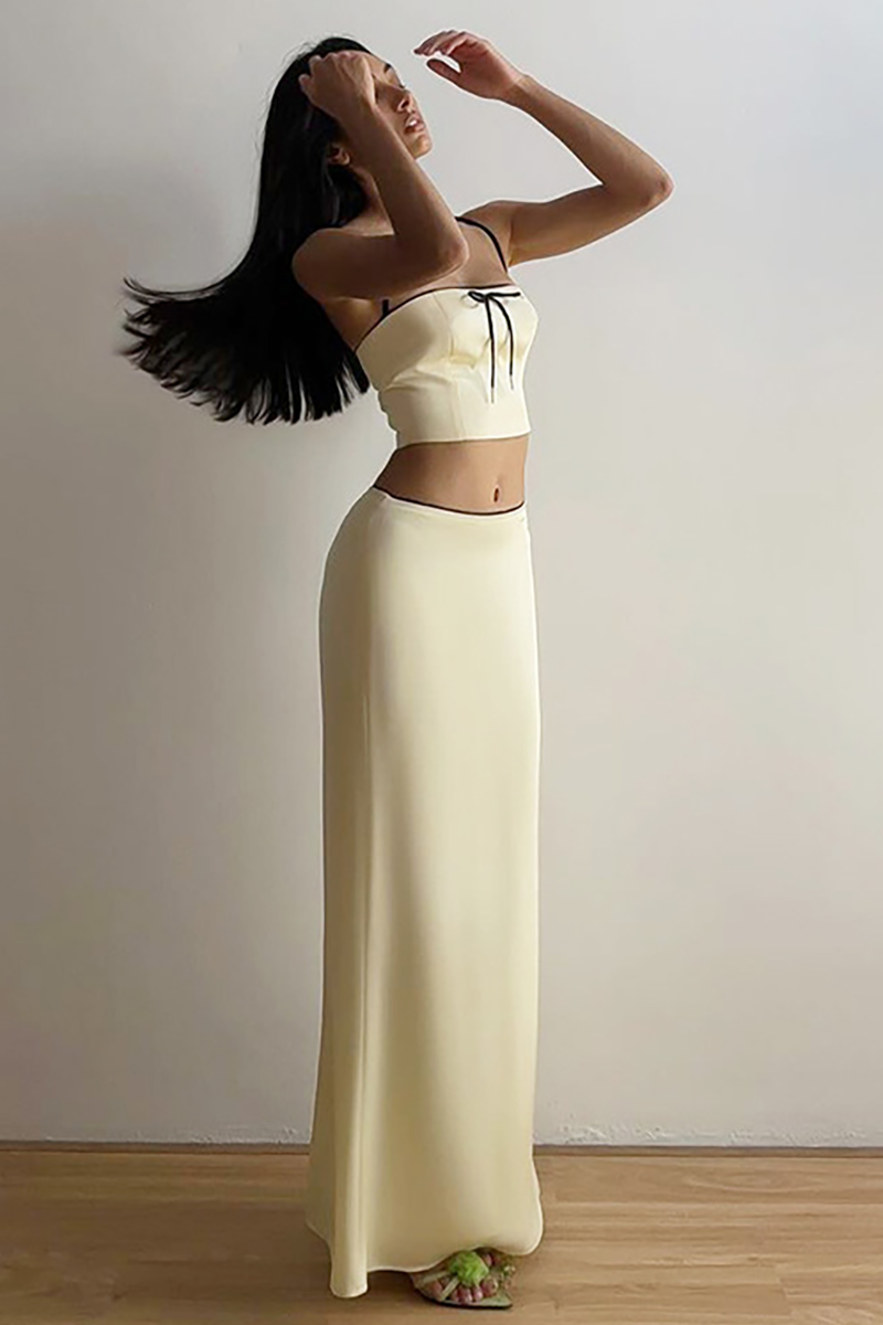 Bow Decor Crop Cami Slim Fit Fishtail Hem Maxi Skirt Matching Set-Beige