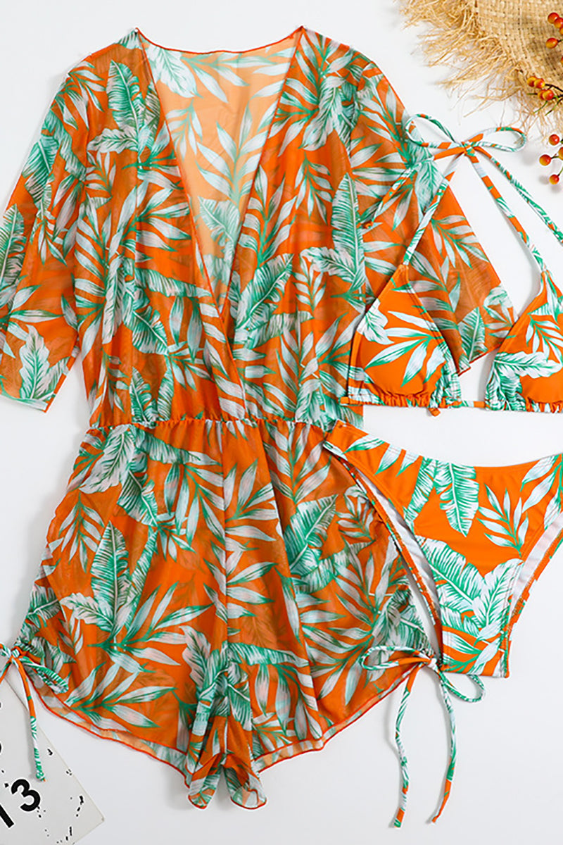 Tropical Print Romper Halter Bikini Three-Piece Swimsuit Matching Set