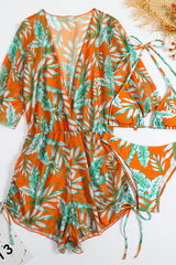 Tropical Print Romper Halter Bikini Three-Piece Swimsuit Matching Set
