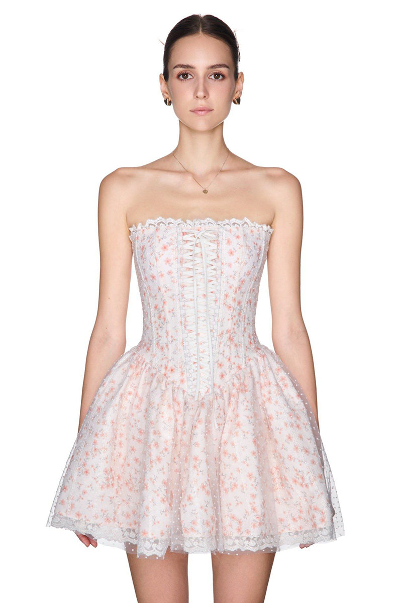 Lace Up Ruffle Mesh Patchwork Floral Print Mini Dresses-Beige Pre Order