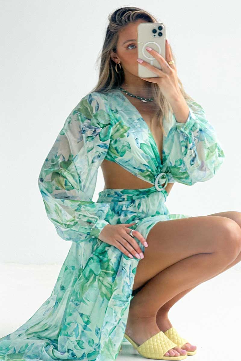 Deep V Neck Cutout Floral Print Ring Decor Long Puffy Sleeve Backless Vacation Maxi Dresses