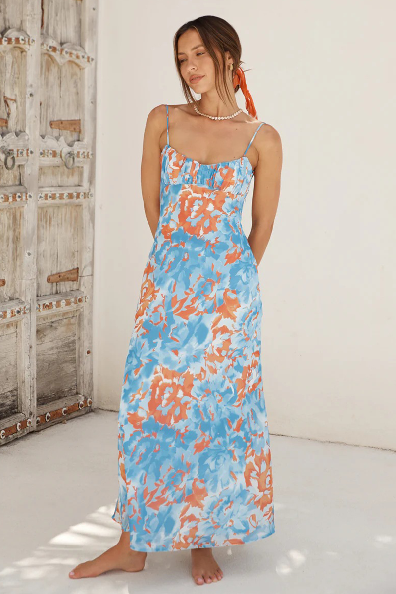 Floral Print Spaghetti Strap Open Back Maxi Dresses-Green