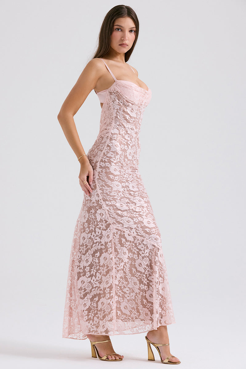 Floral Lace Backless Slim Fit Spaghetti Strap Maxi Dresses-Pink