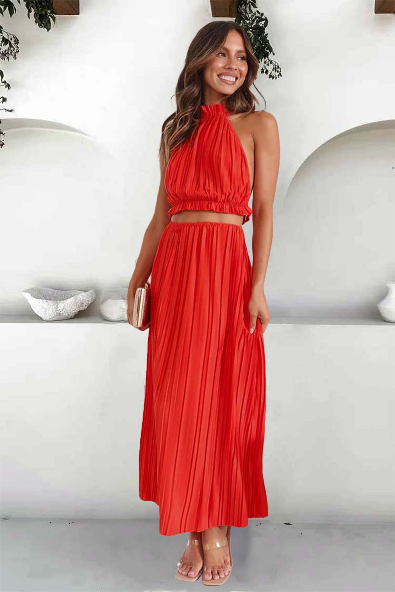 Tied Up Halter Neck Backless Crop Top Slit Maxi Skirt Pleated Slim Matching Sets
