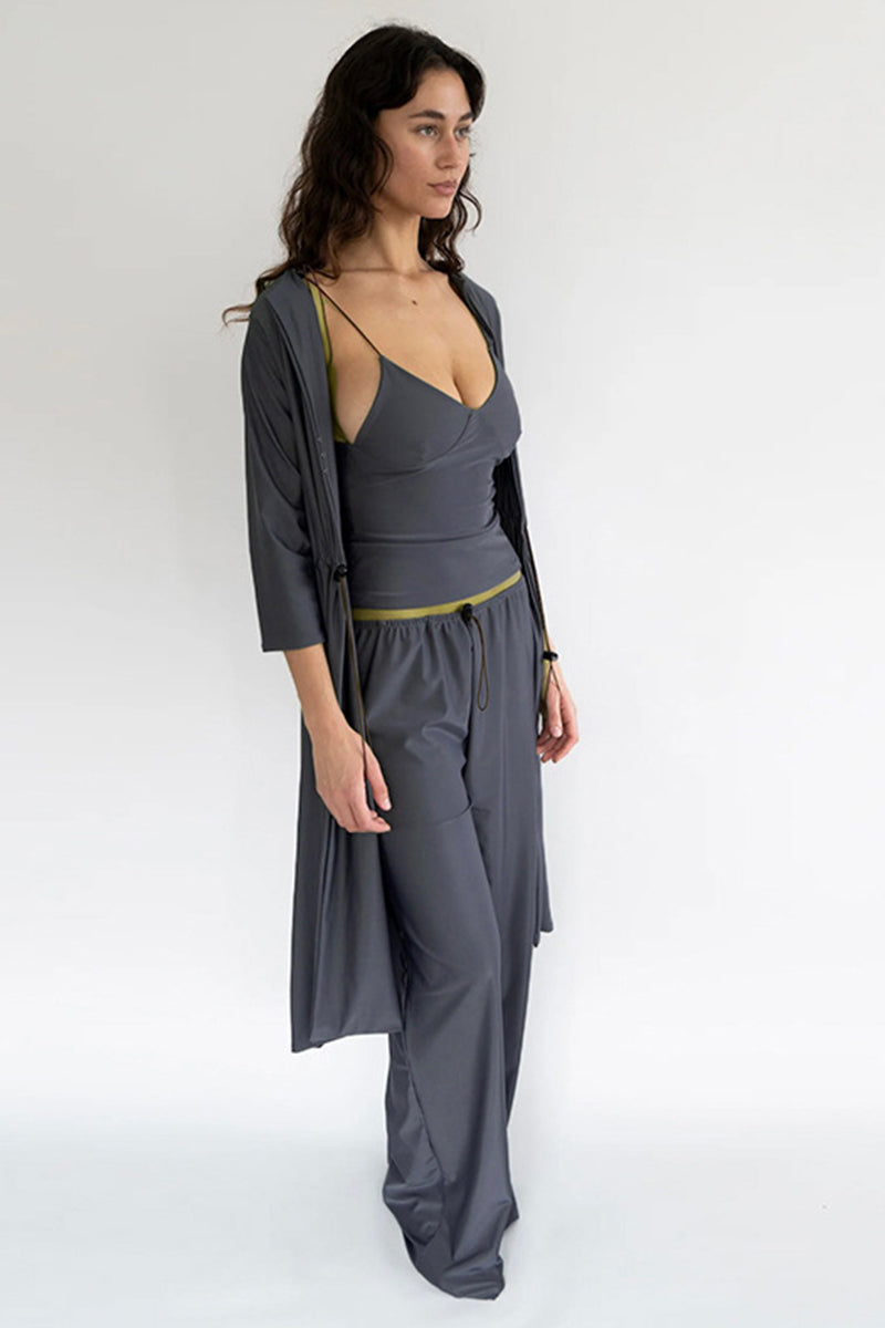 Drawstring Sweetheart Neck Cami Tank Top Wide Leg Pants Matching Set-Grey